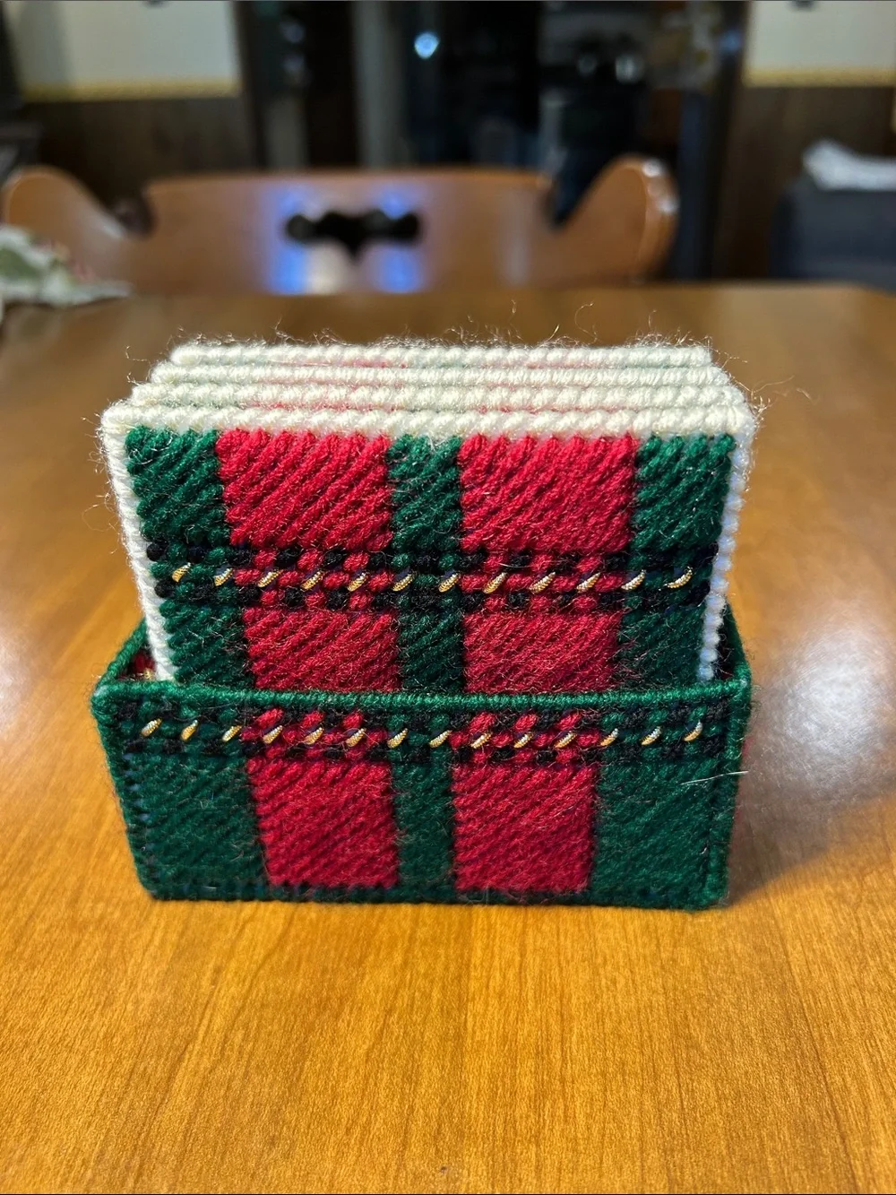 Handcrafted Red & Green Plaid Coaster Set with Holder Needlepoint